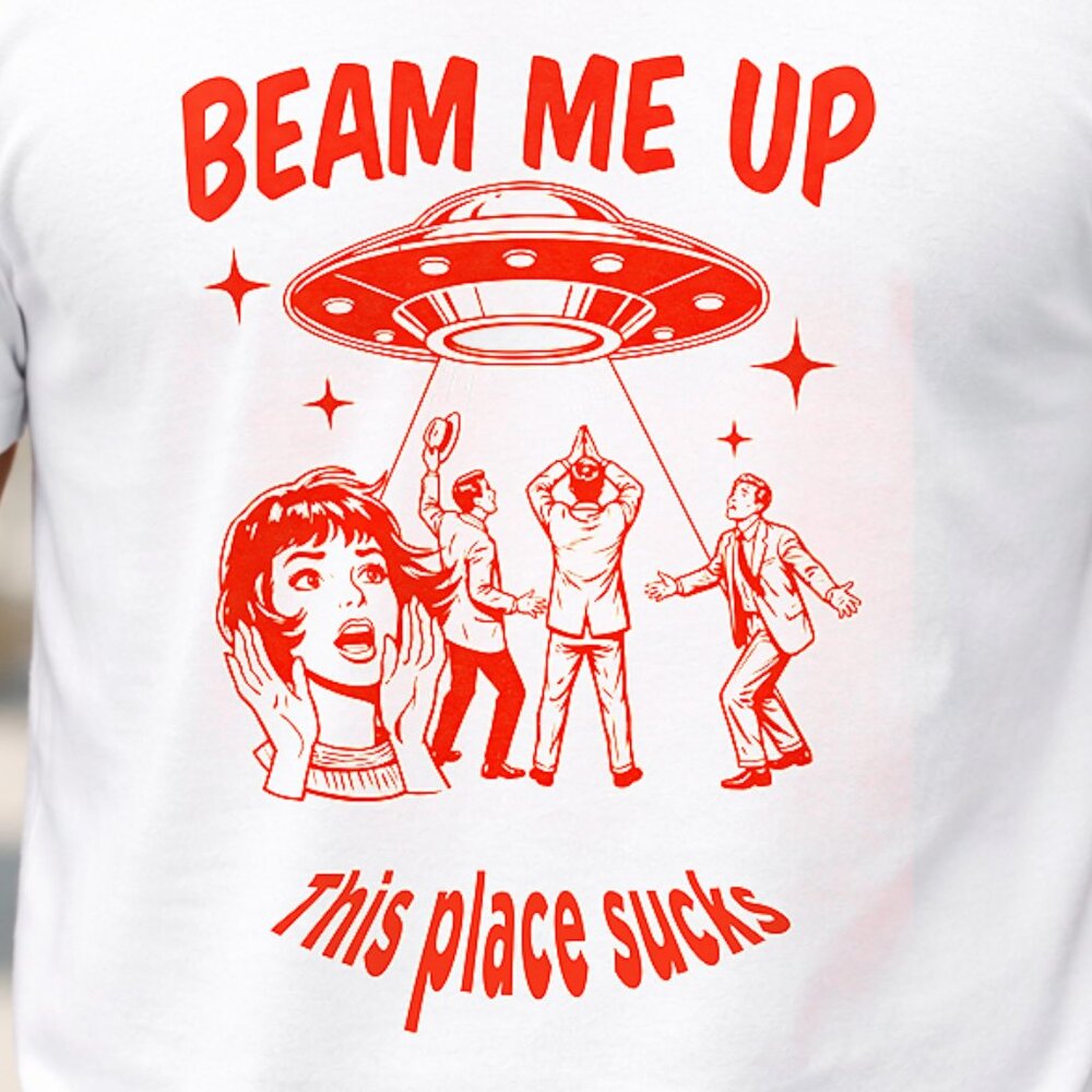 Beam Me Up UFO Graphic T-Shirt Alien Sci-Fi Humor Tee size L